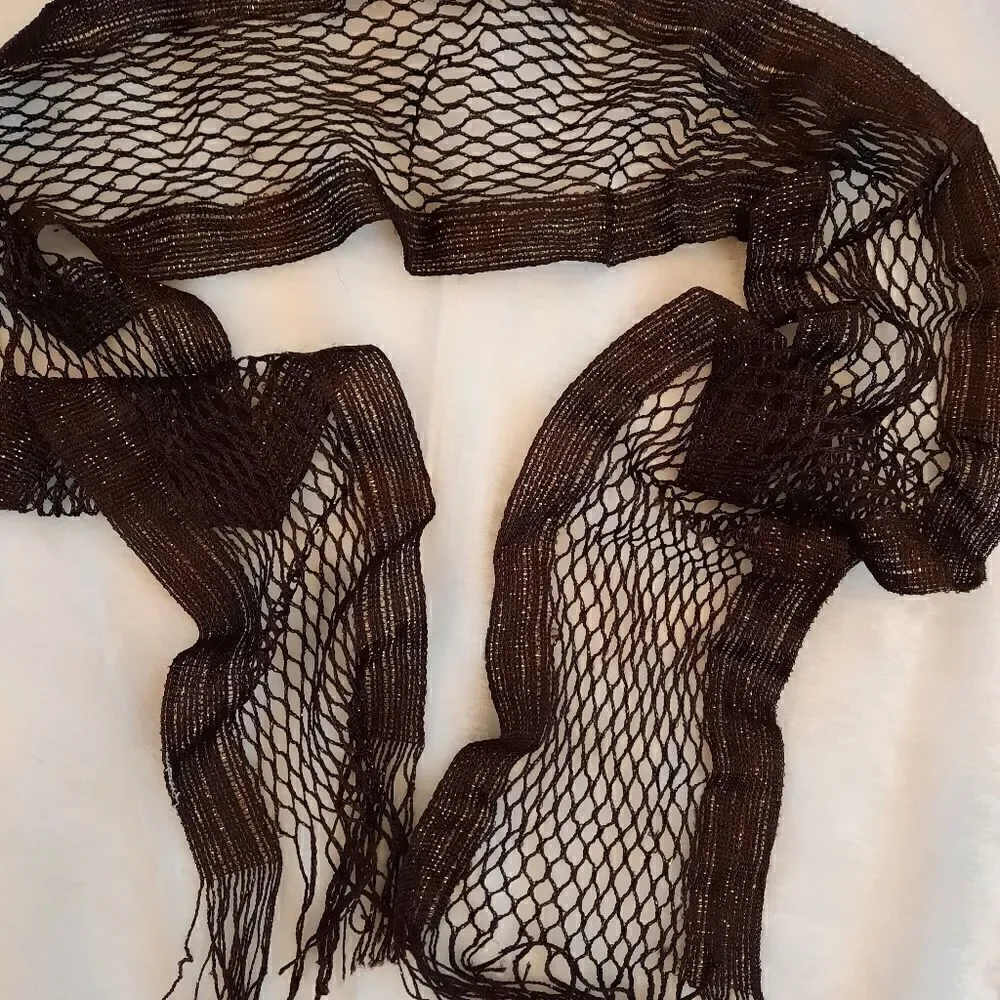 Brown/ Gold Metallic Fringed Netted Scarf/Tie Belt